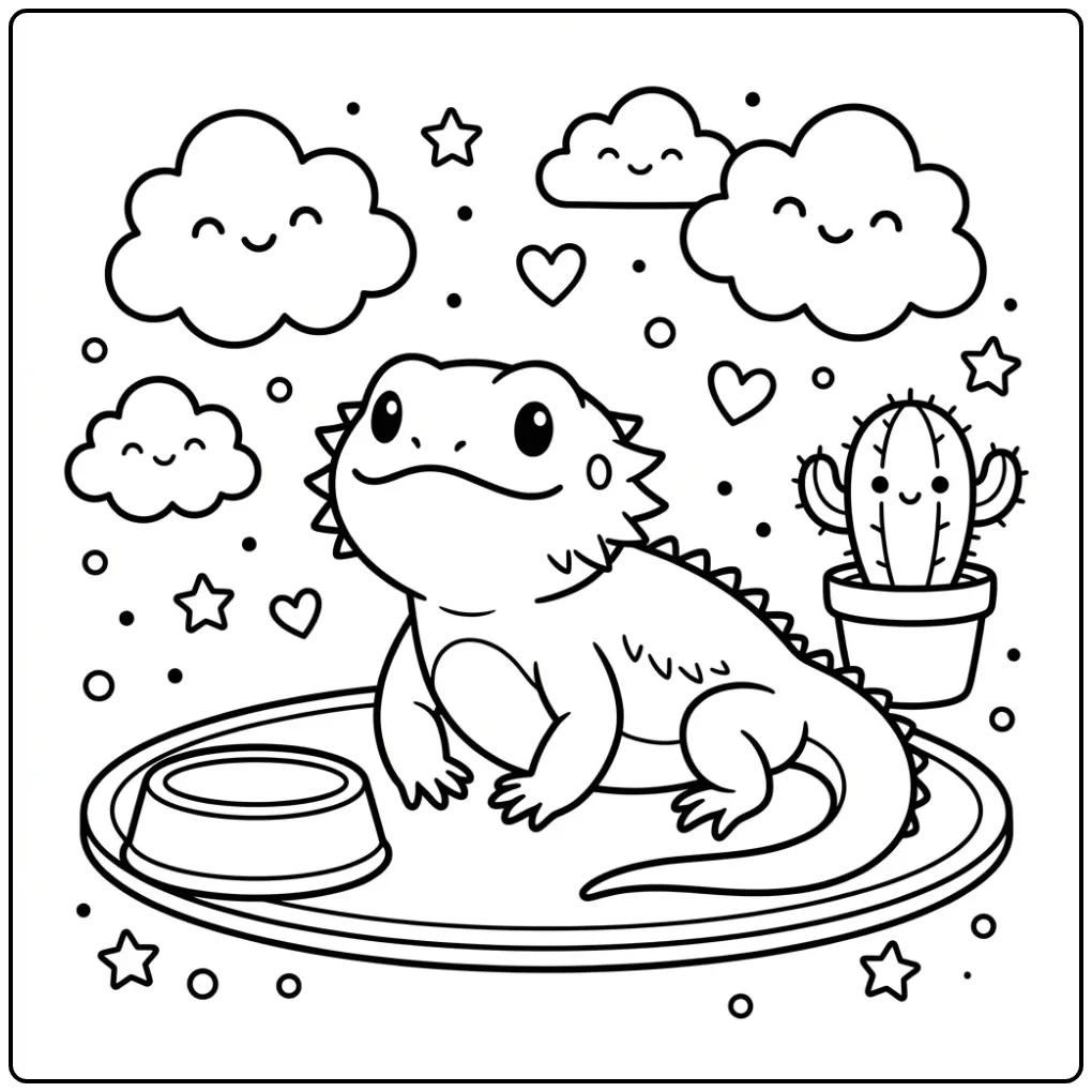 Baardagaam kleurplaat voor peuters met cactus en voerbakje.