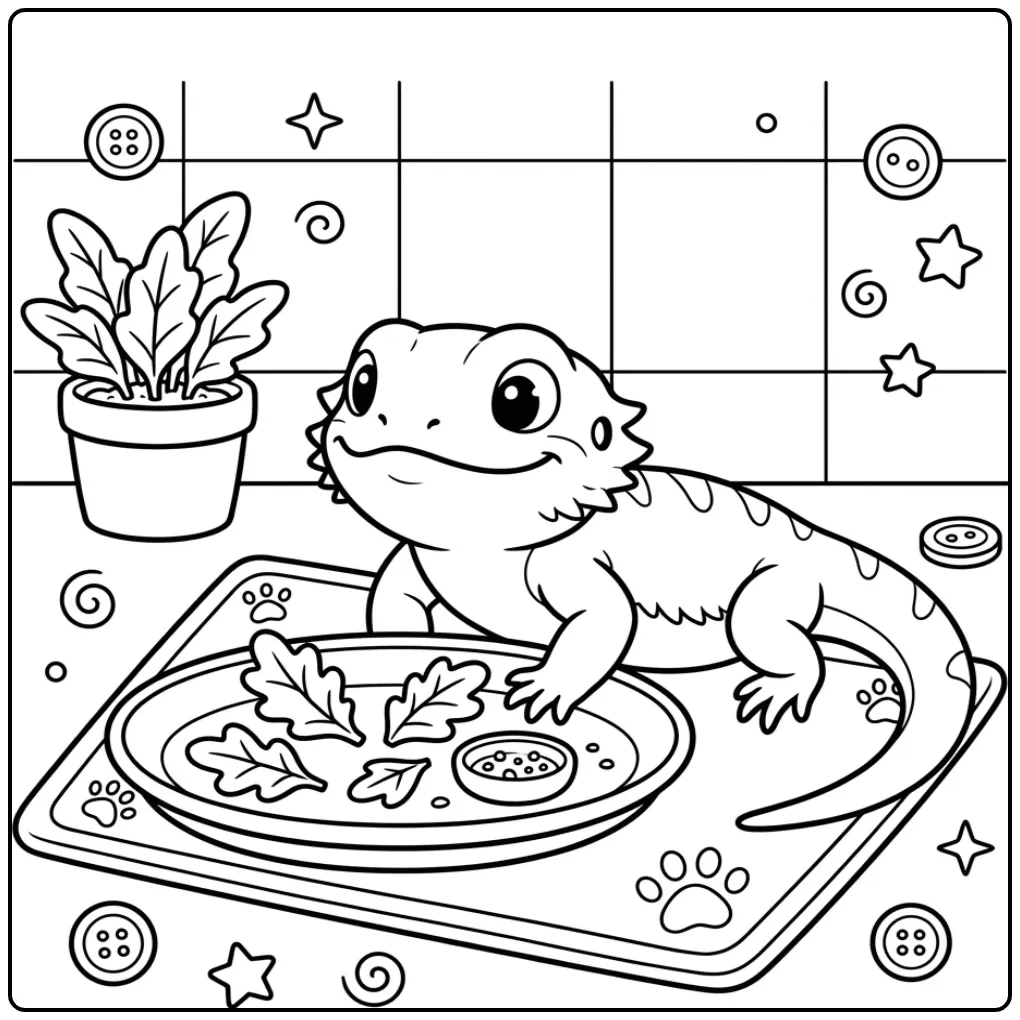 Schattige baby baardagaam kleurplaat met groente.