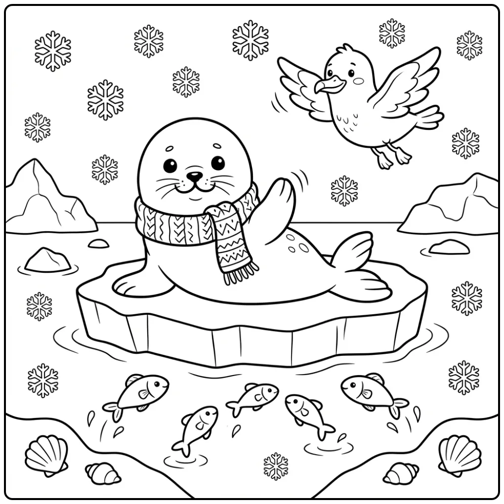 Schattige baby zeehond kleurplaat met sjaal op het ijs