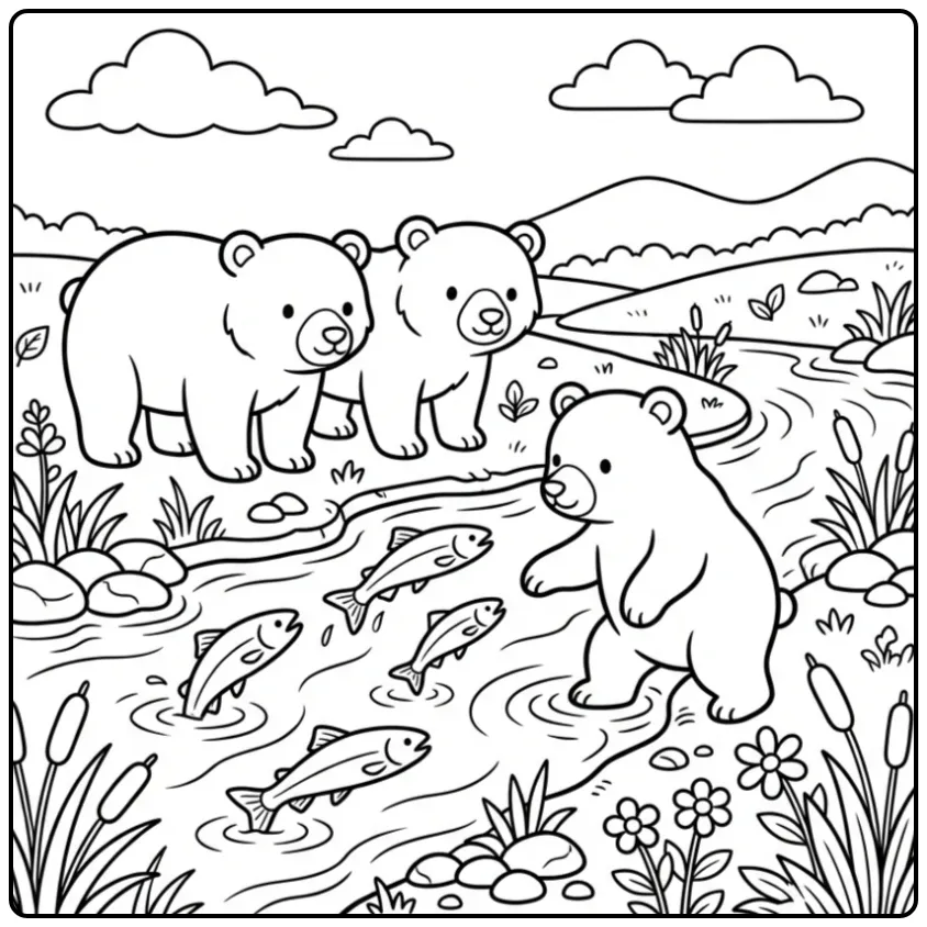 Beren kleurplaat met vrolijke beren bij de rivier.