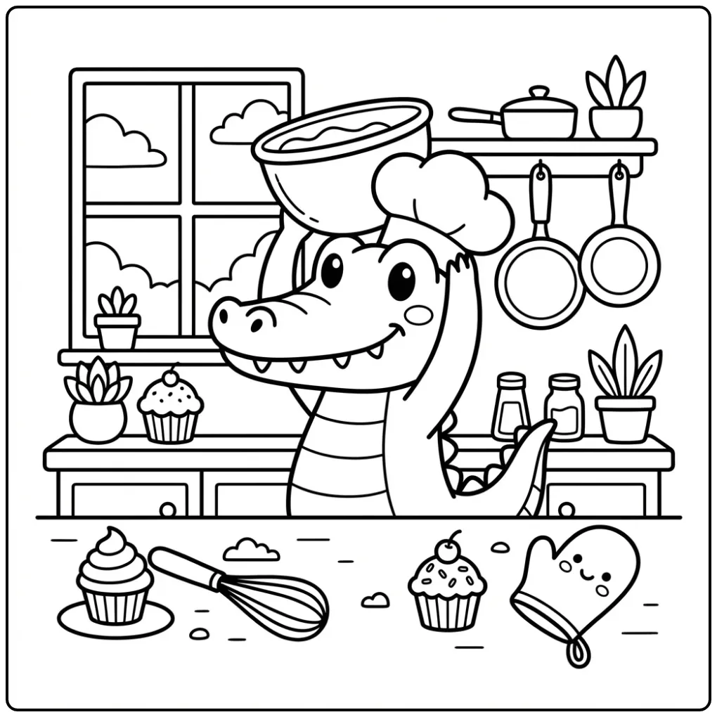 Een vrolijke kleurplaat krokodil bakt cupcakes in de keuken.