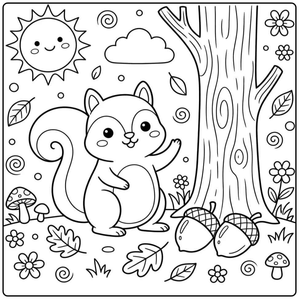 Schattige eekhoorn kleurplaat makkelijk met een boomstam.