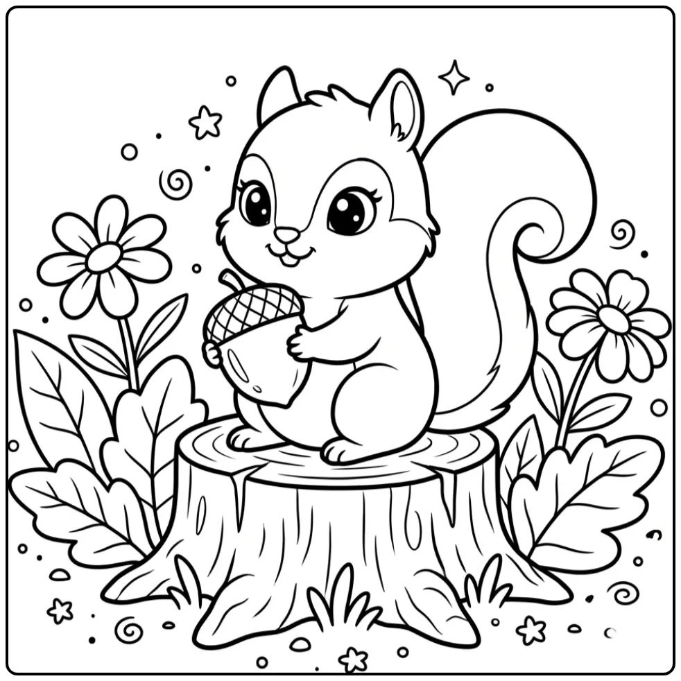 Eenvoudige eekhoorn kleurplaat peuter op een boomstronk.