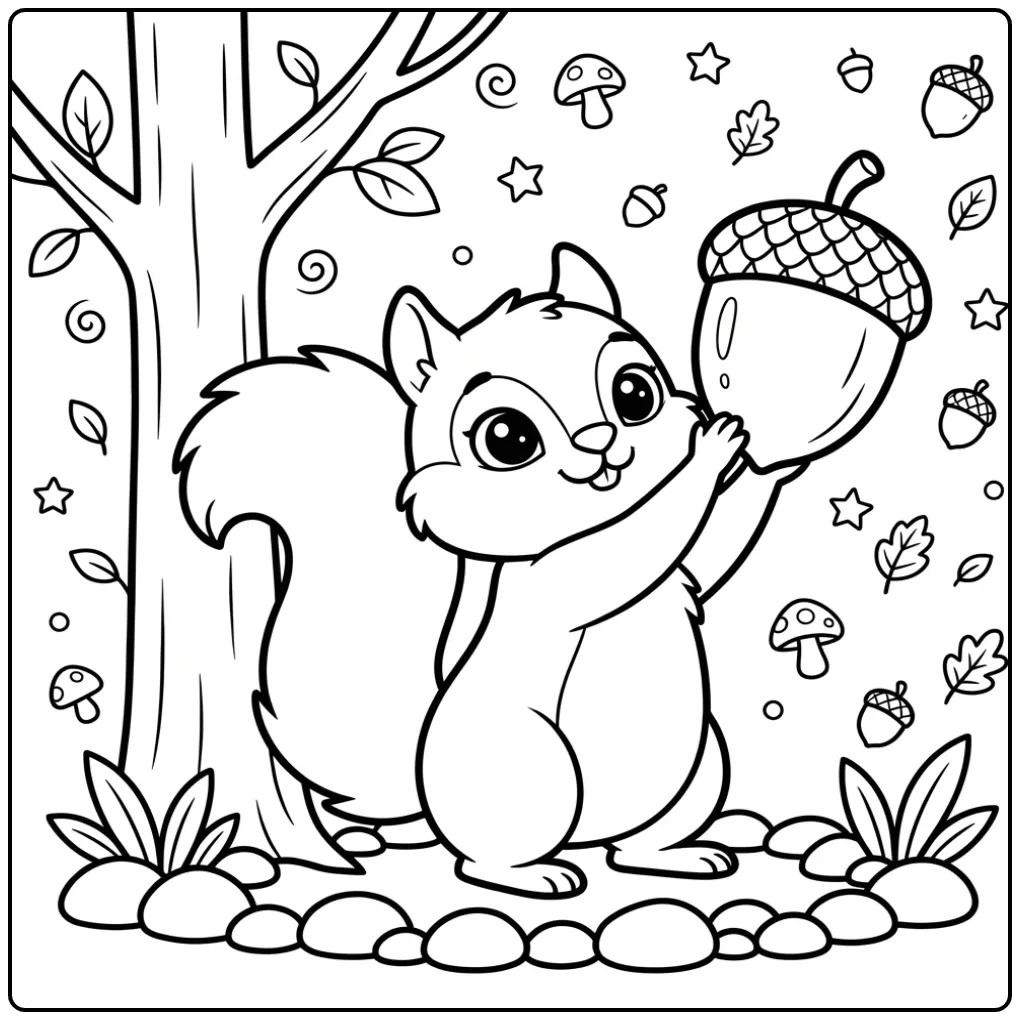 Schattige eekhoorn kleurplaat simpel met een grote eikel.