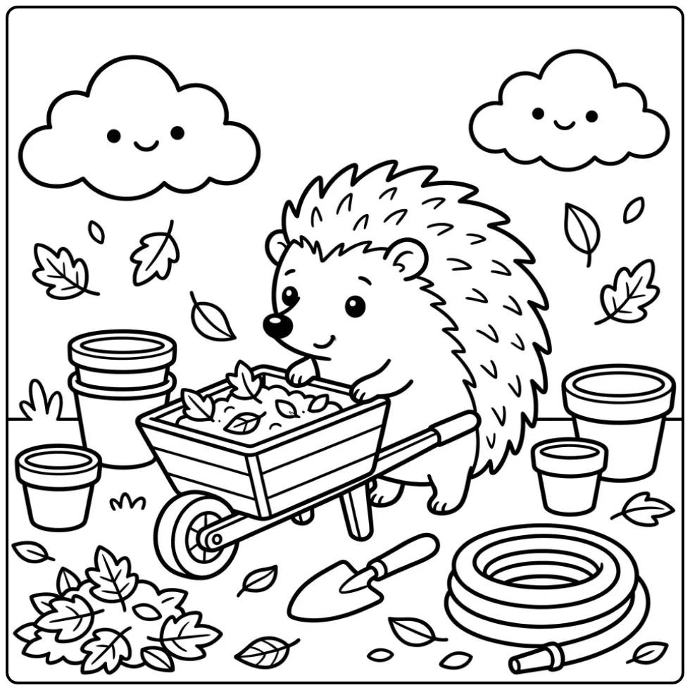 Een schattige egel kleurplaat met een kruiwagen in de tuin.