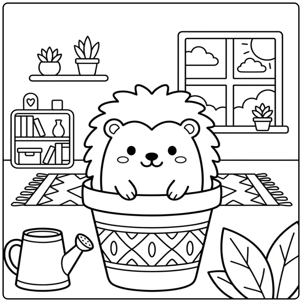 Schattige egel kleurplaat simpel in pot met gieter.