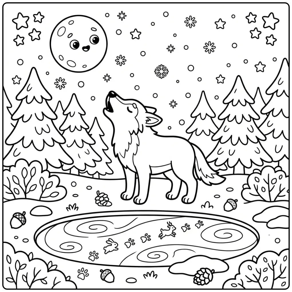Schattige huilende wolf wolf kleurplaat in een winterbos.