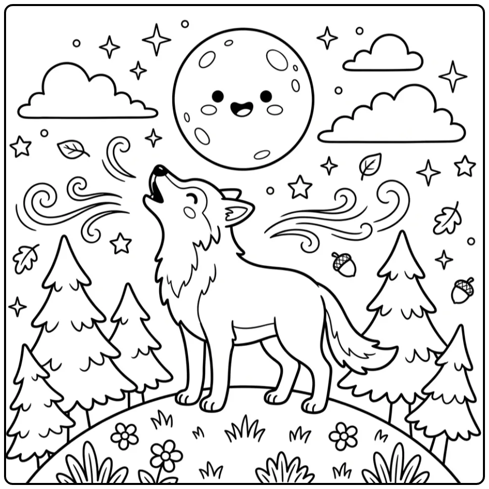 Schattige huilende wolf wolf kleurplaat bij de volle maan.