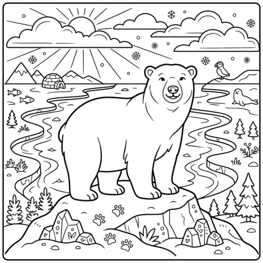 Stoere ijsbeer kleurplaat op een besneeuwde heuveltop.