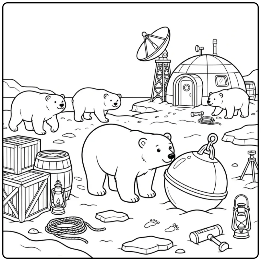 Schattige ijsberen kleurplaat bij een poolstation.