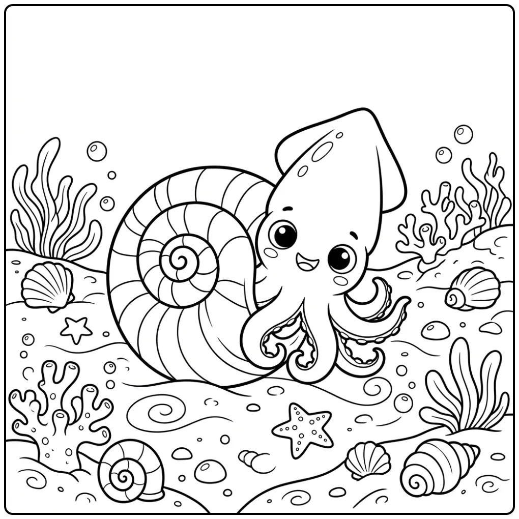 Een schattige baby inktvis kleurplaat achter een schelp.