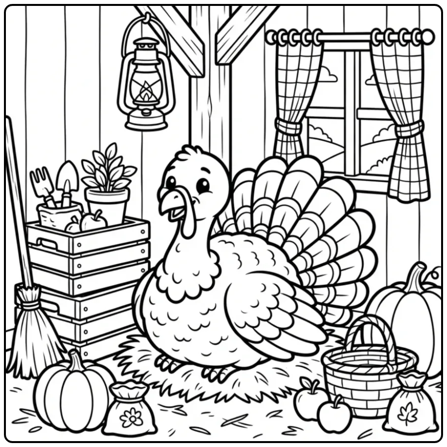 Een schattige kalkoen kleurplaat in een gezellige schuur.