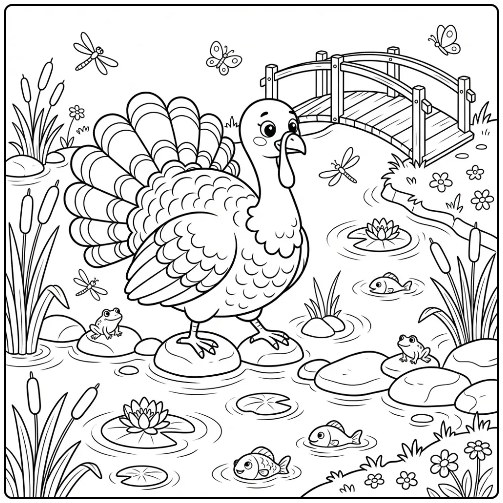 Schattige kalkoen kleurplaat bij een vijver met riet.
