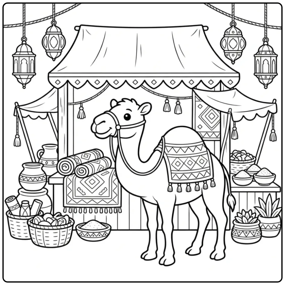 Schattige kameel kleurplaat met marktkraam en potten.