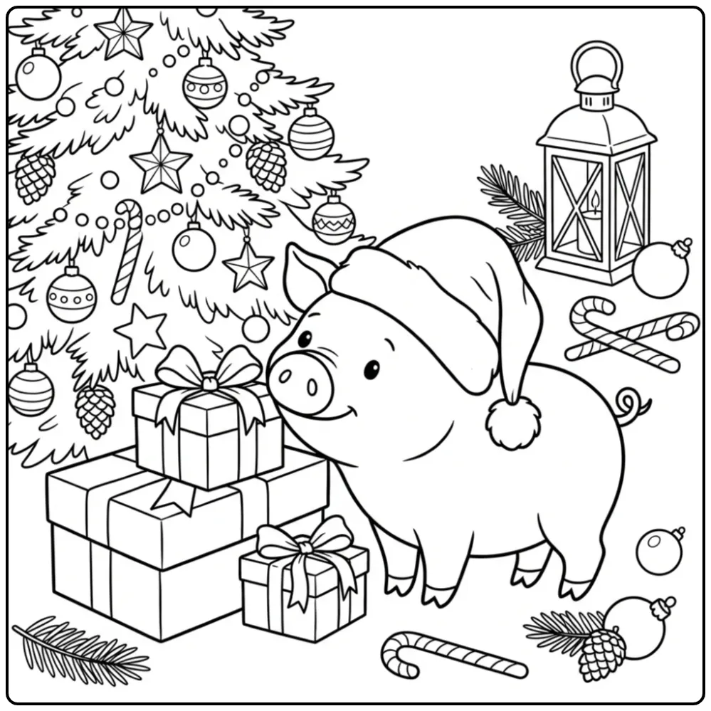 Kerstkleurplaat van een varken met kerstmuts bij cadeaus