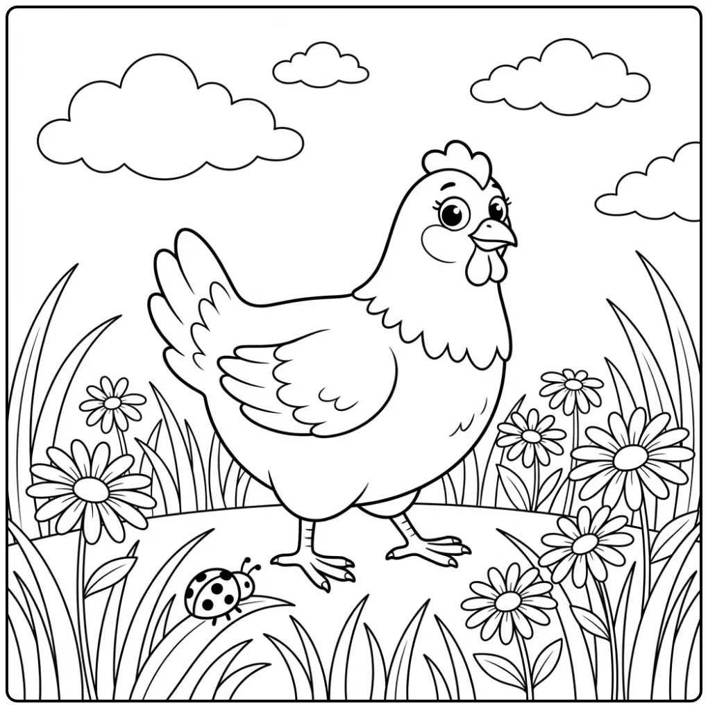 Schattige kip kleurplaat eenvoudig in een bloemenweide.