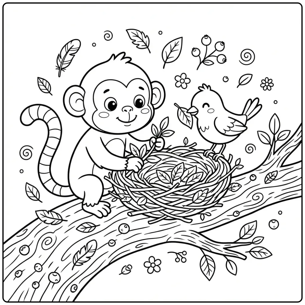 Schattige kleurplaat aap in boom bouwt nestje met vogel.