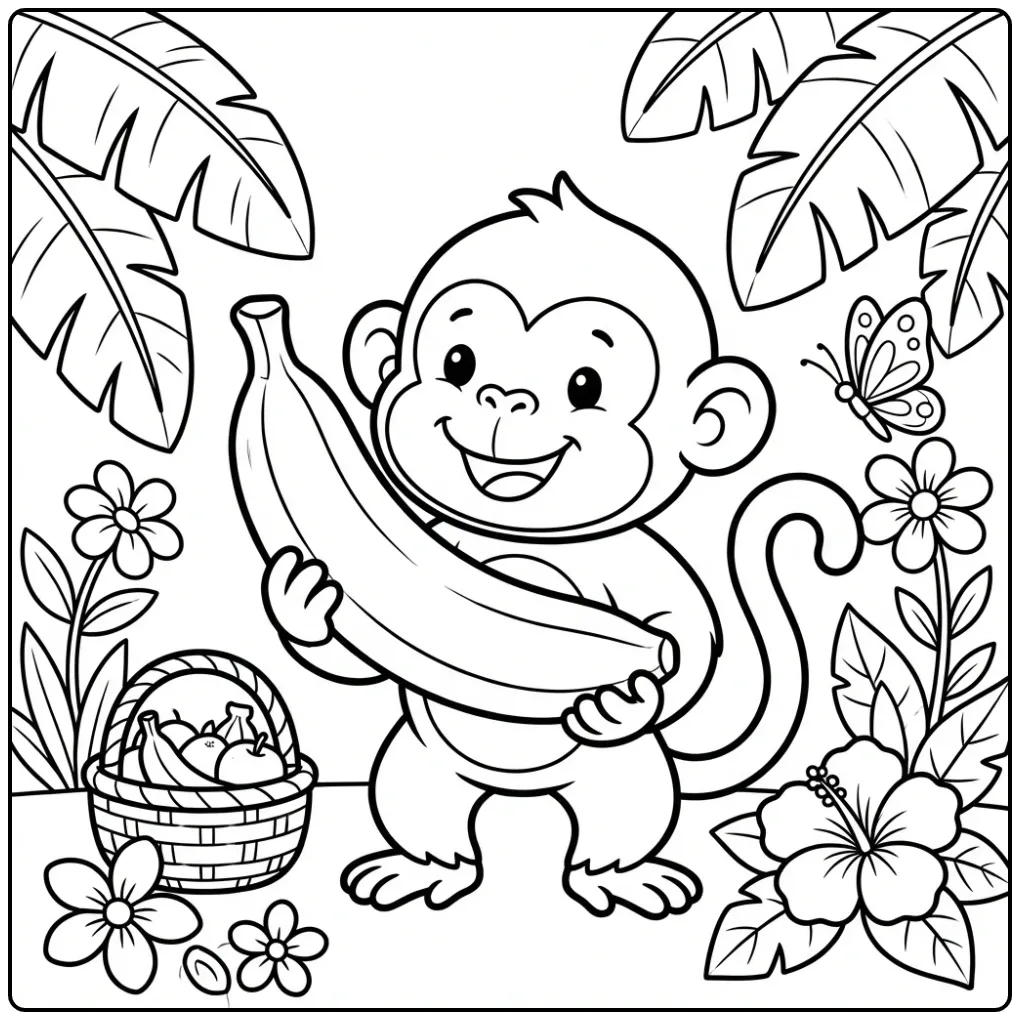 Schattige kleurplaat aap met banaan als grote trofee.