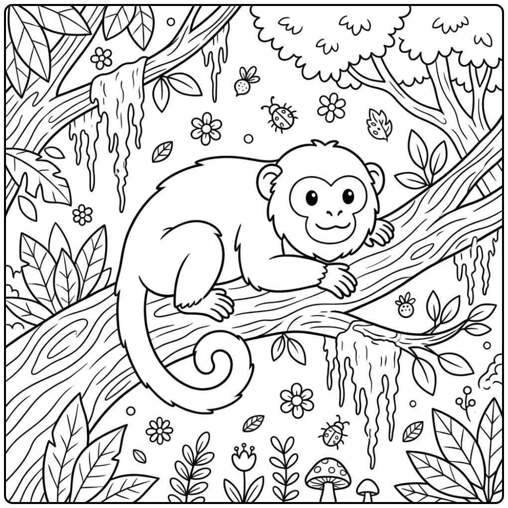 Een gedetailleerde kleurplaat aap met gekrulde staart.