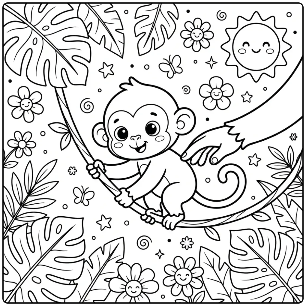Schattige kleurplaat aapje die leert slingeren aan een liaan