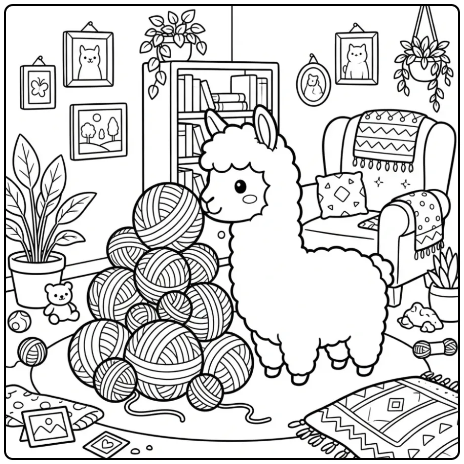 Schattige kleurplaat alpaca die speelt met bollen wol.