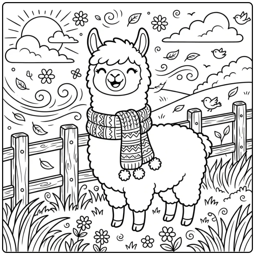 Vrolijke kleurplaat alpaca met sjaal bij een houten hek