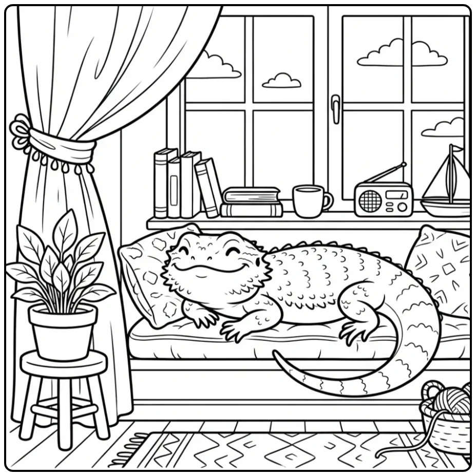 Een schattige kleurplaat baardagaam op een vensterbank.