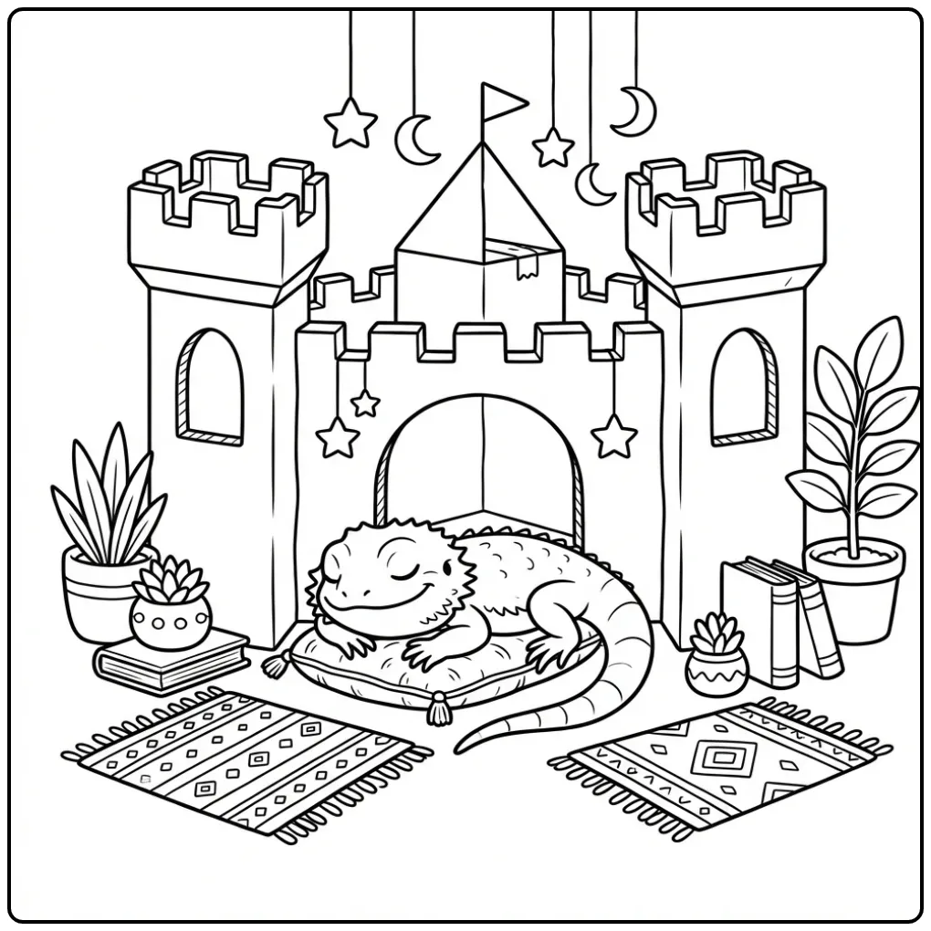 Een kleurplaat baardagaam die slaapt in een knus kasteeltje.