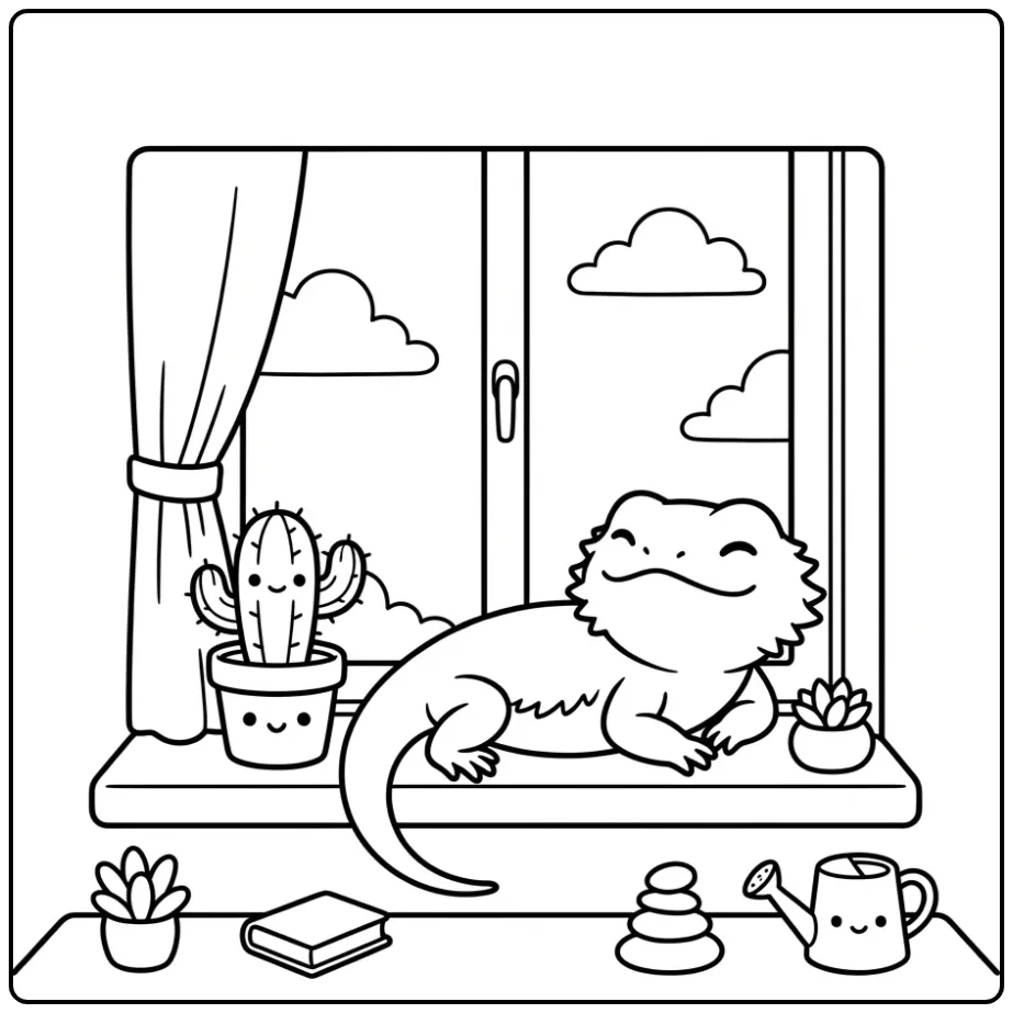 Schattige kleurplaat baardagaam op een zonnige vensterbank