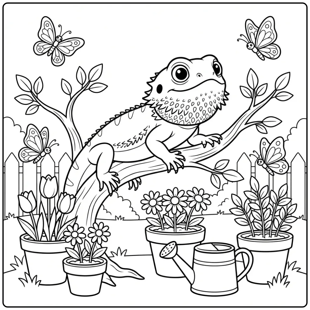 Een schattige kleurplaat baardagaam in de tuin met vlinders.