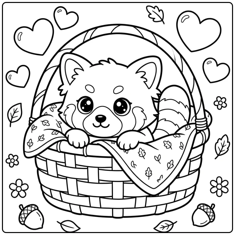 Schattige kleurplaat baby rode panda in een zacht mandje.