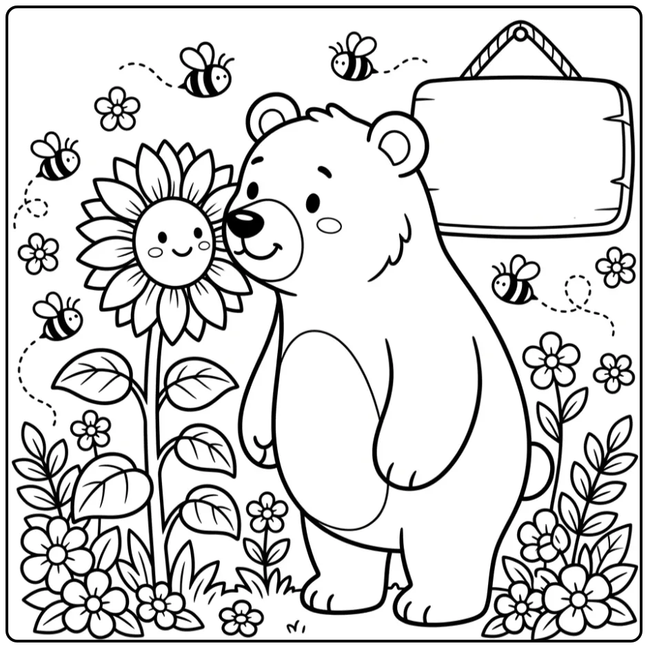 Een kleurplaat beer met bloemen die aan een zonnebloem ruikt.