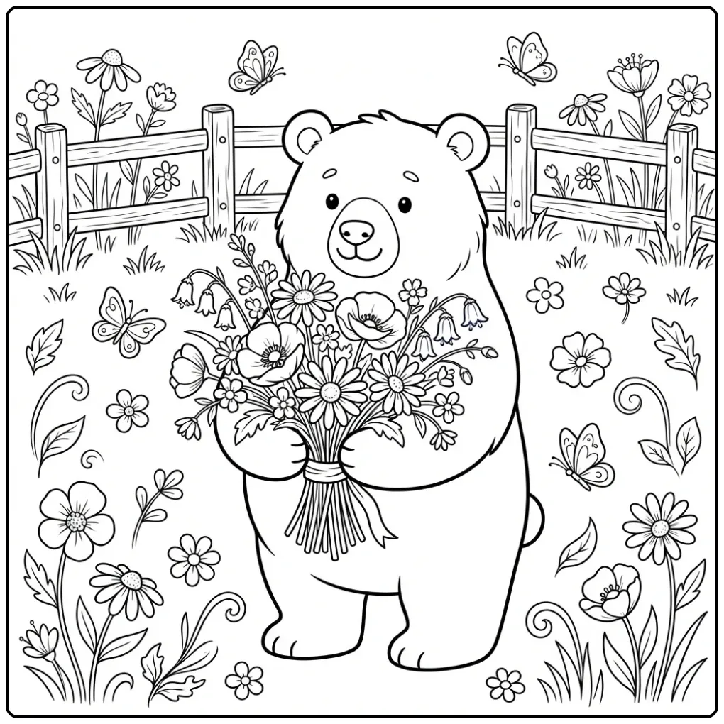 Een schattige kleurplaat beer met bloemen en vlinders.