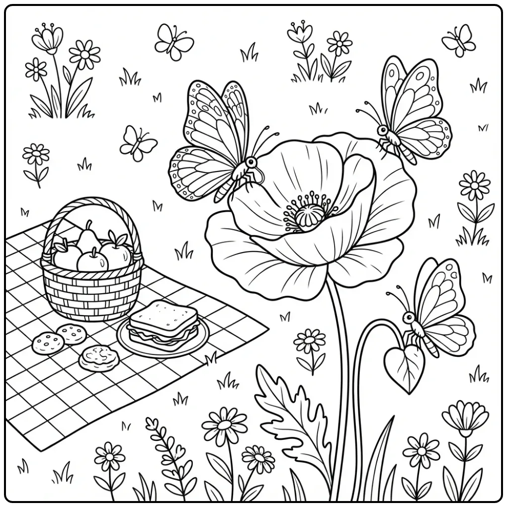 Vrolijke kleurplaat bloemen en vlinders met klaproos picknick