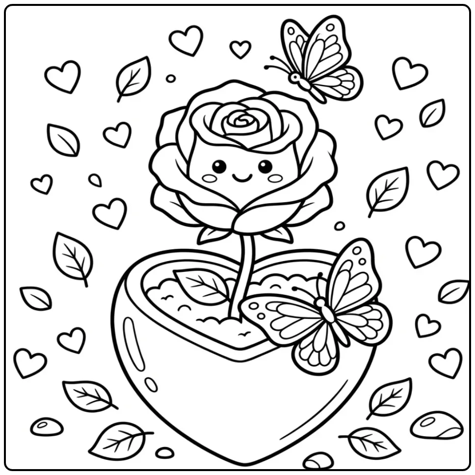 Printbare kleurplaat bloemen vlinders hartjes met een roos.