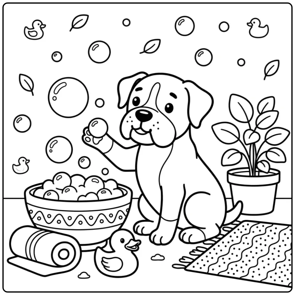Schattige kleurplaat boxer hond met bubbels en een badeendje.