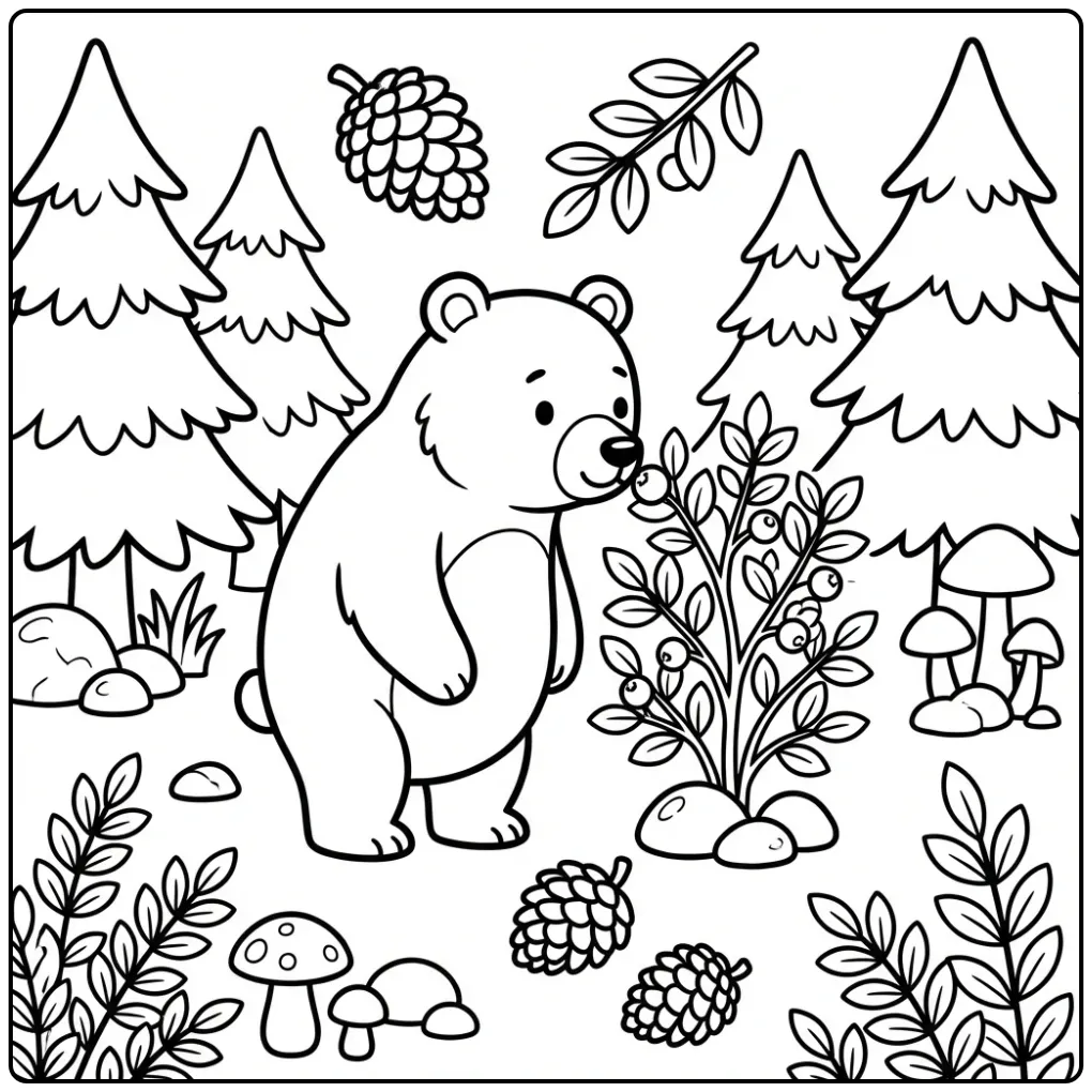 Kleurplaat bruine beer die aan bessen ruikt in het bos.