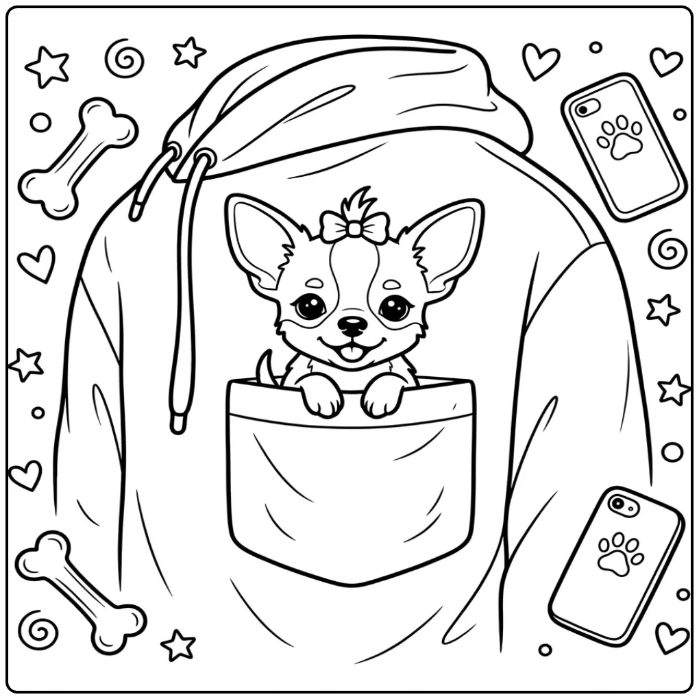 Schattige kleurplaat chihuahua in een hoodiezak met speeltjes.