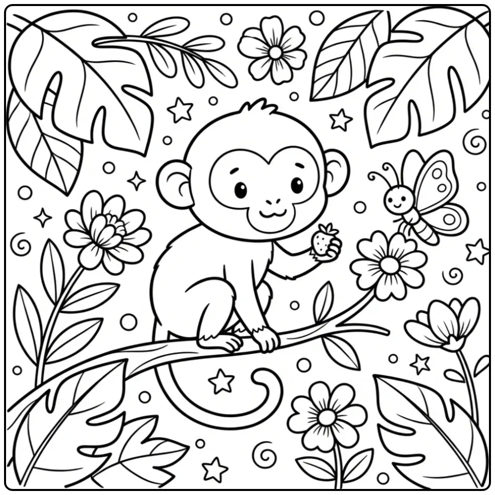 Schattige kleurplaat doodshoofdaapje op een tak met besje.