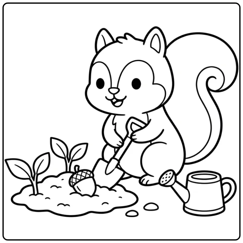 Schattige kleurplaat eekhoorn plant een eikel met schepje.