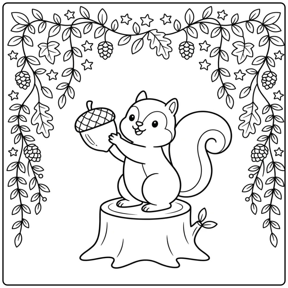Een schattige kleurplaat eekhoorn met eikel op een podium.