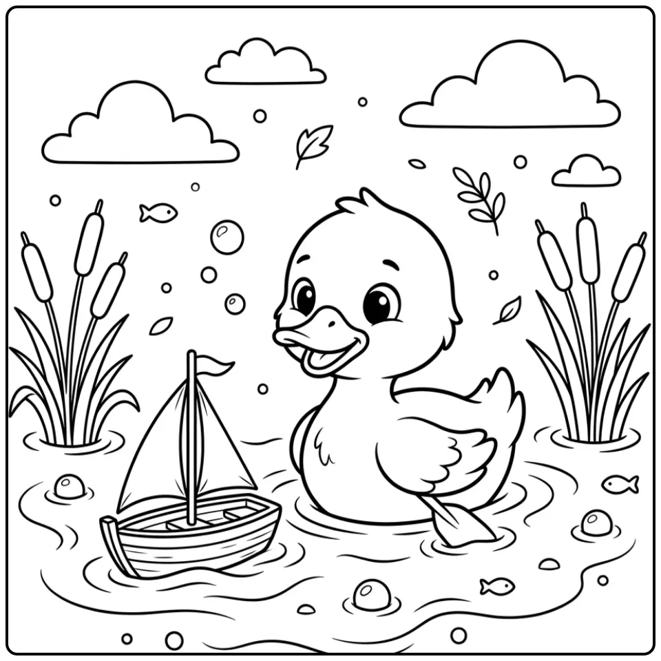 Schattige kleurplaat eend met een zeilbootje in de vijver