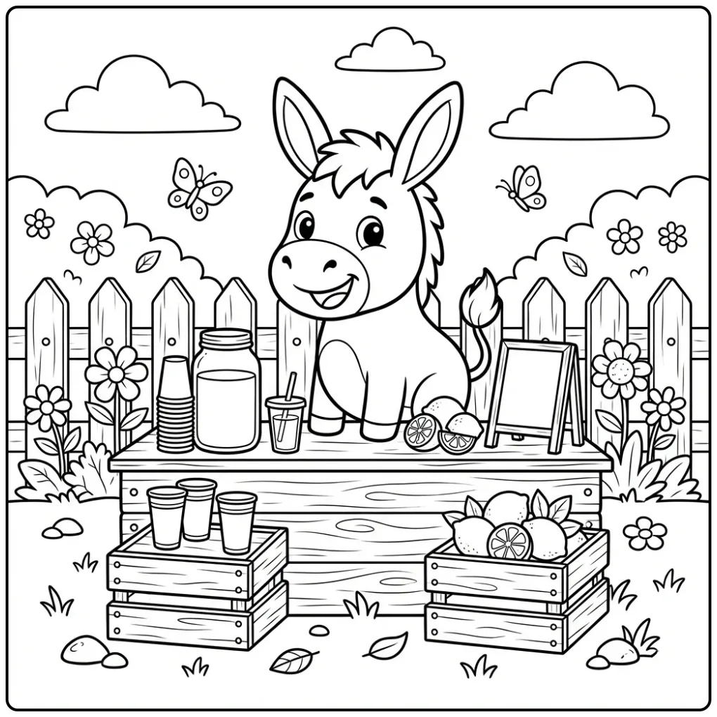 Een schattige kleurplaat ezel bij een houten limonadekraampje.