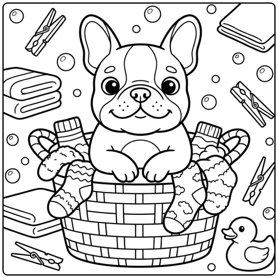 Kleurplaat franse bulldog in een wasmand vol zachte sokken