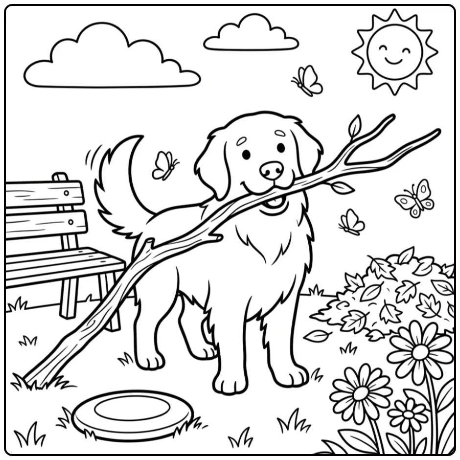 Een vrolijke kleurplaat golden retriever met een grote tak.