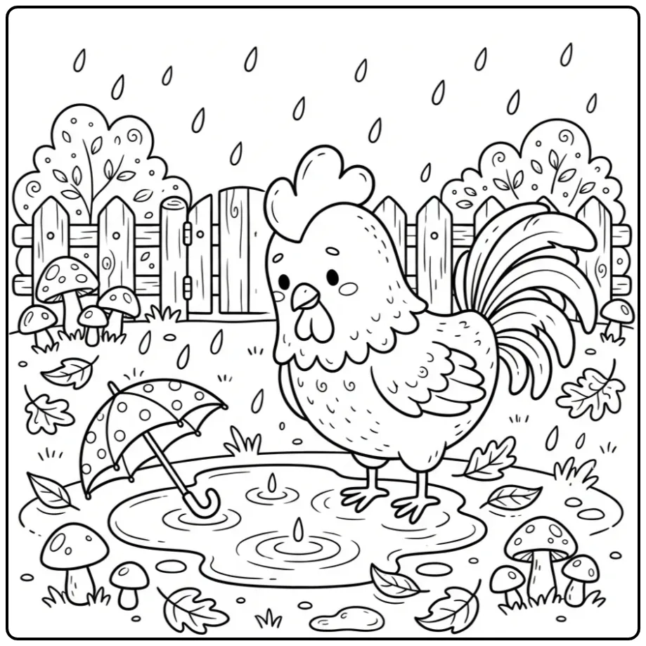Schattige kleurplaat haan die naar regendruppels kijkt.