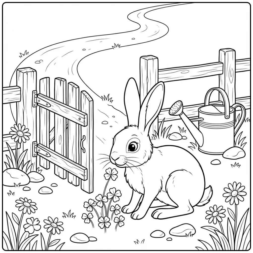 Schattige kleurplaat haas snuffelt aan klaverblaadjes.