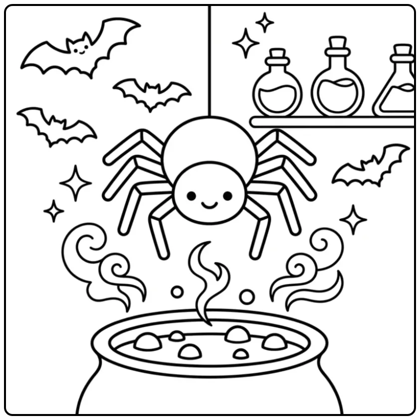Schattige kleurplaat halloween spin boven een toverketel.