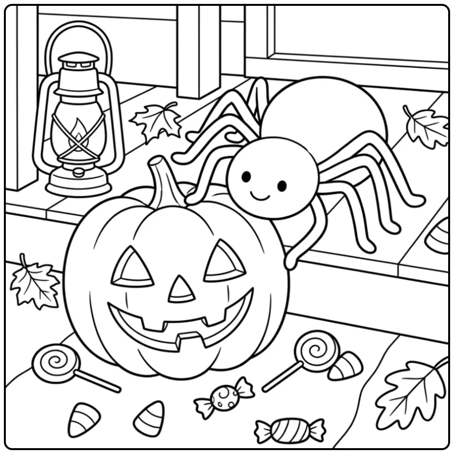 Een kleurplaat halloween spin met snoepjes en pompoen.