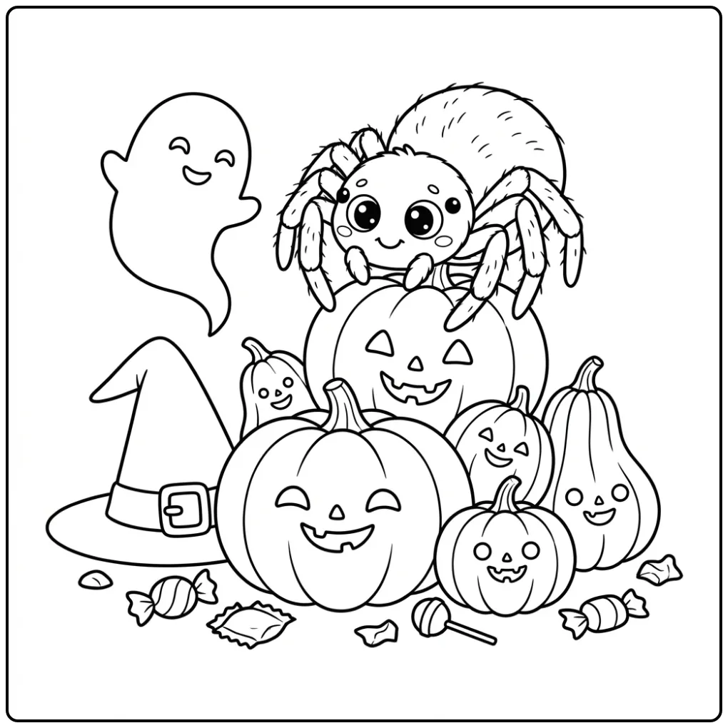 Schattige kleurplaat halloween spin en pompoenen.